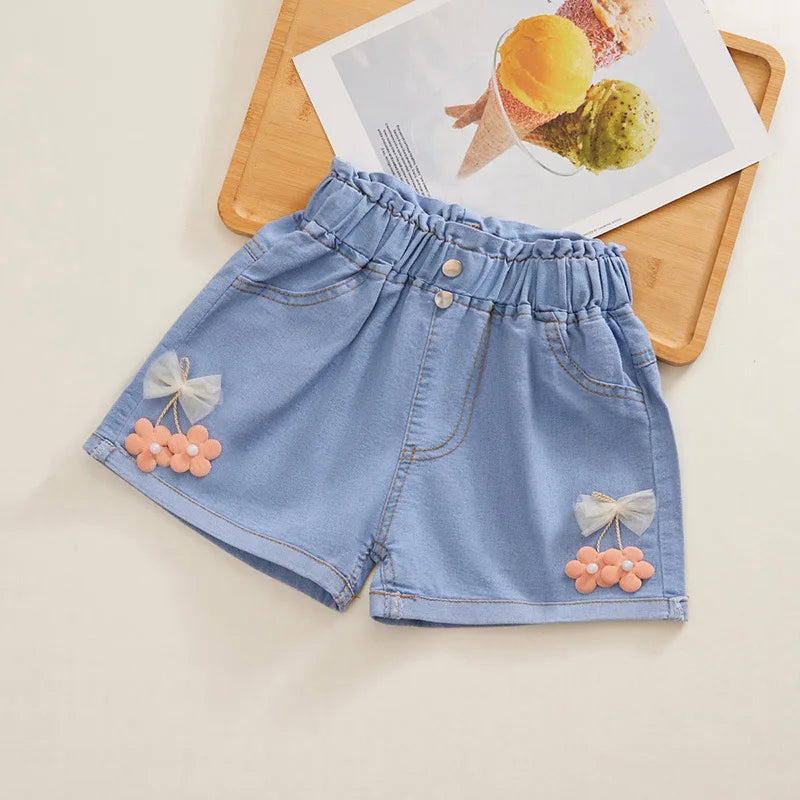 Short Jeans Infantil Laço e Flor