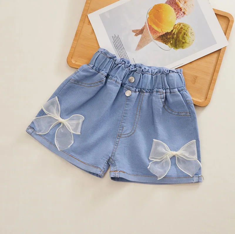 Short Jeans Infantil Laço e Flor